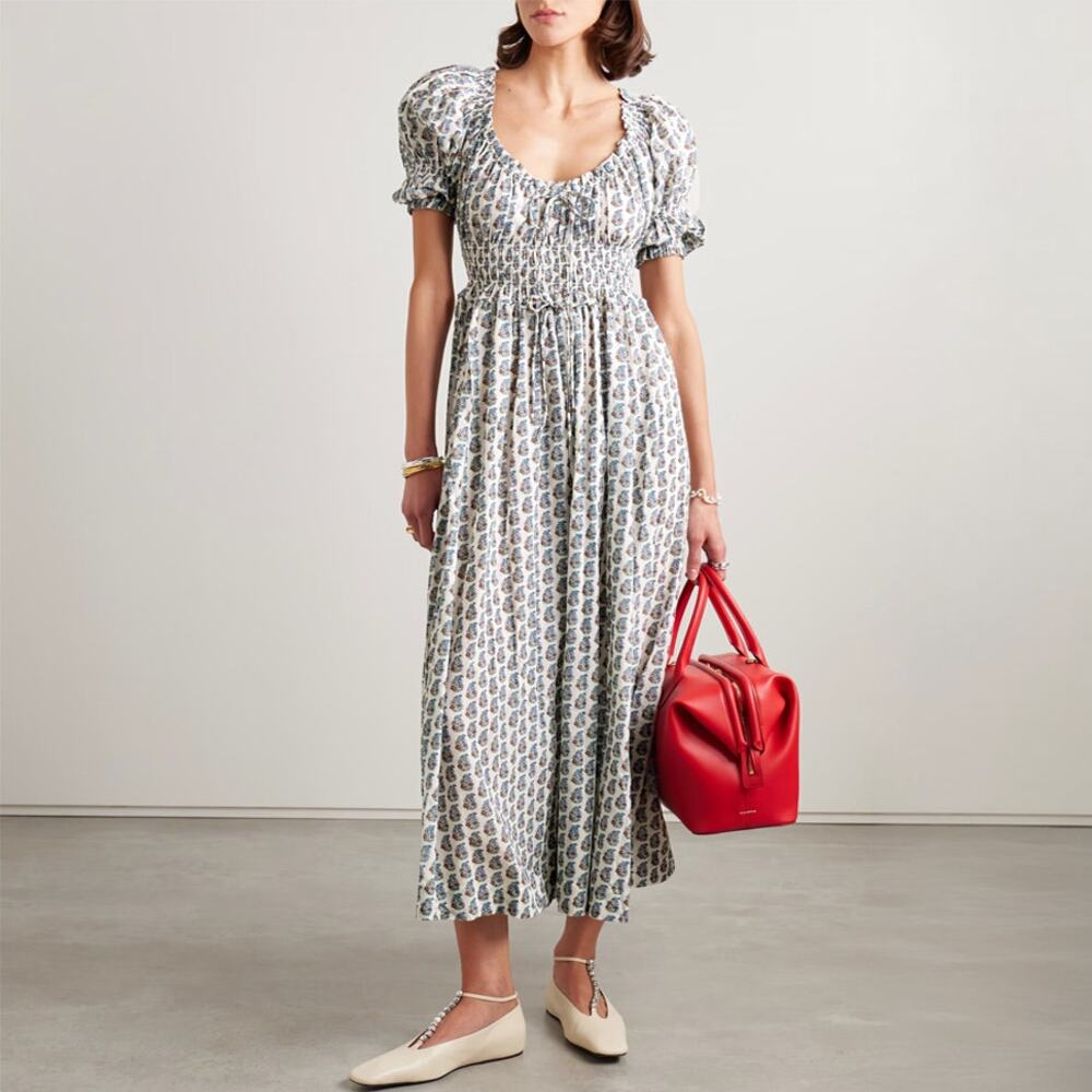 DÔEN Ischia Sea Salt Paisley Shirred Floral Midi Dress Size L